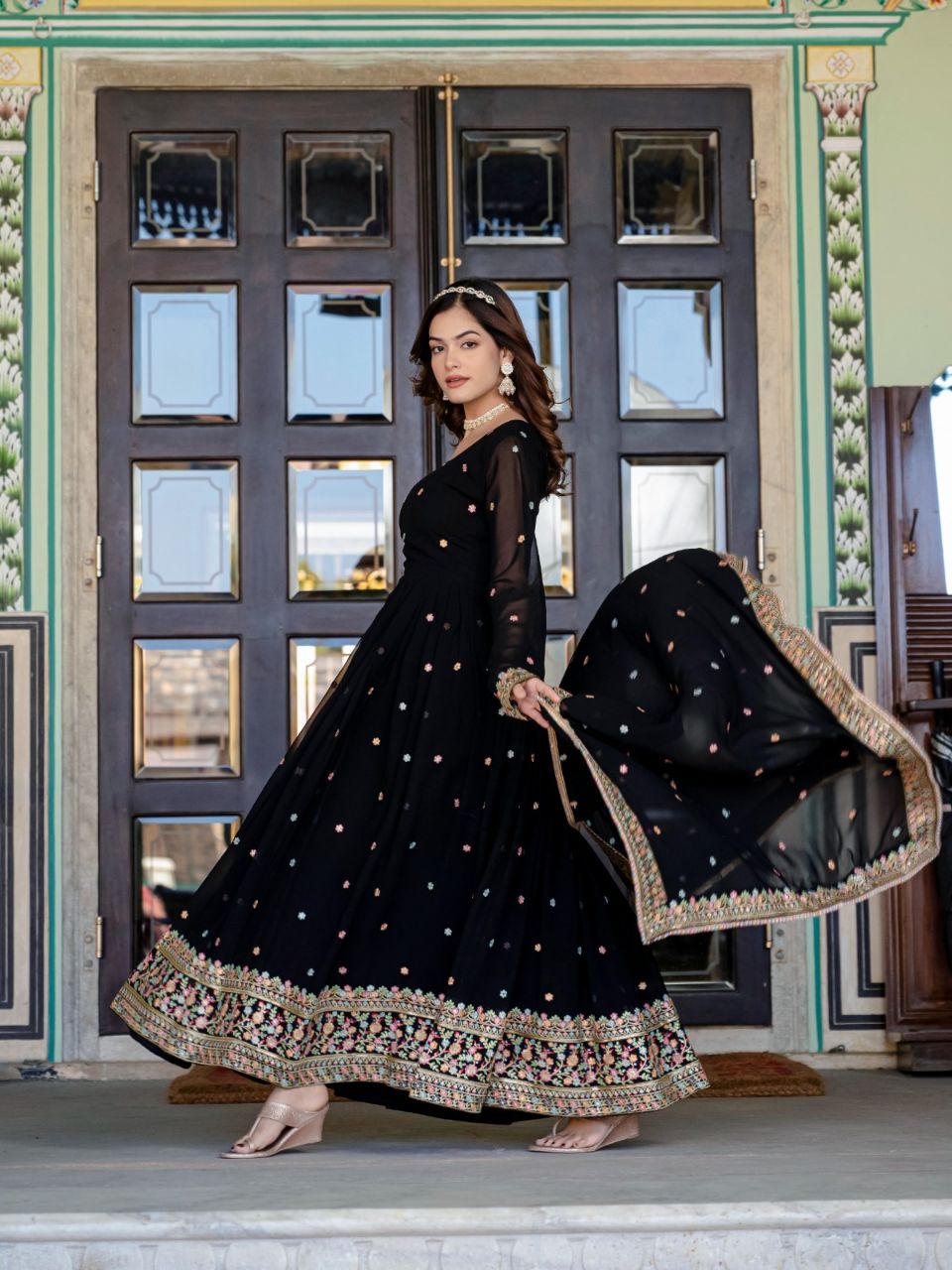 Prazu Fashion Black Faux Georgette Embroidered Gown With Dupatta | Grocsy