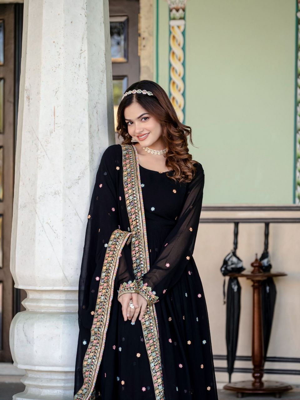 Prazu Fashion Black Faux Georgette Embroidered Gown With Dupatta | Grocsy