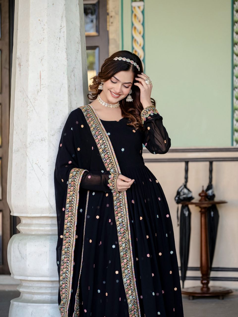 Prazu Fashion Black Faux Georgette Embroidered Gown With Dupatta | Grocsy