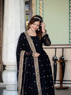 Prazu Fashion Black Faux Georgette Embroidered Gown With Dupatta | Grocsy