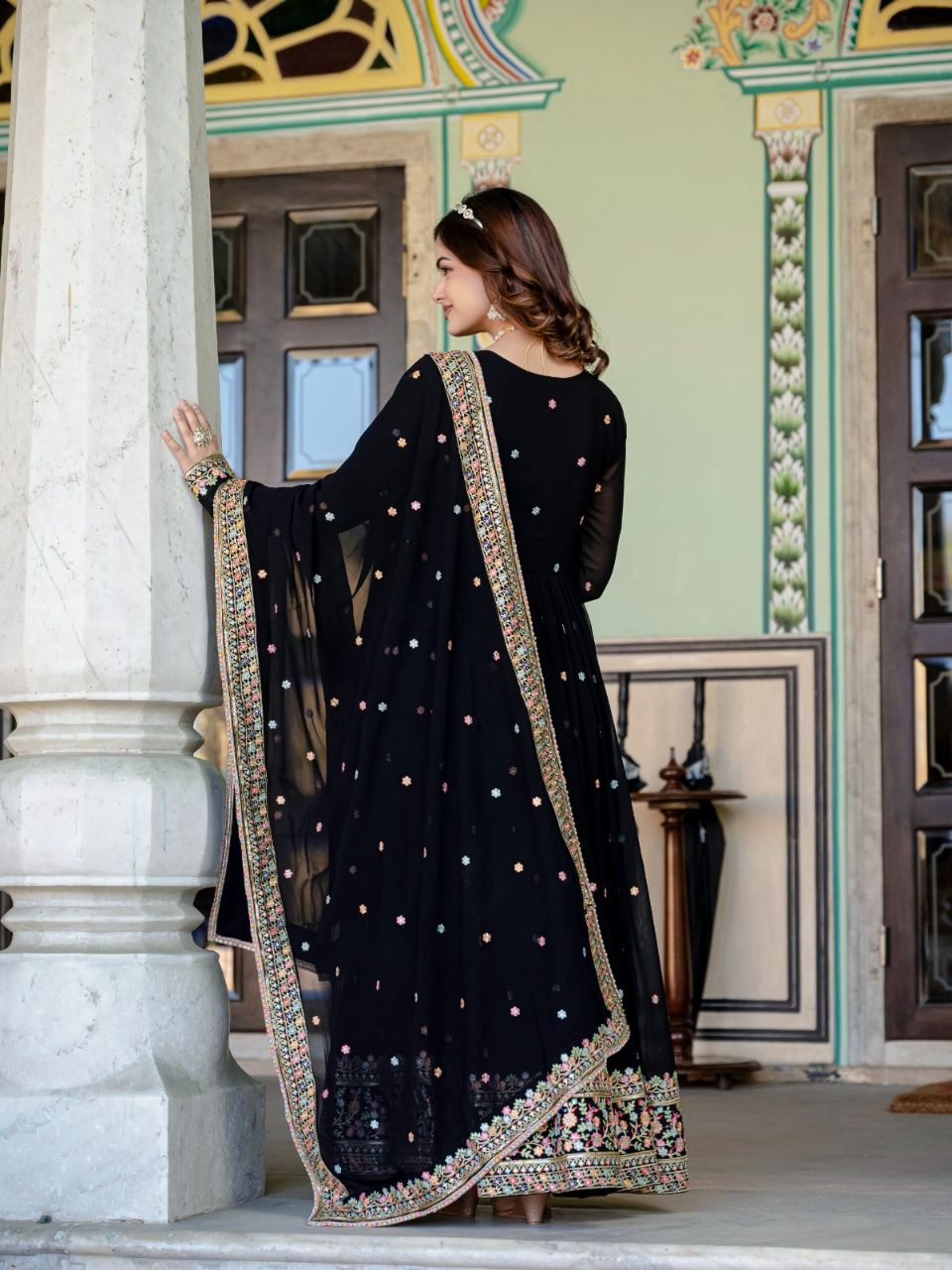Prazu Fashion Black Faux Georgette Embroidered Gown With Dupatta | Grocsy