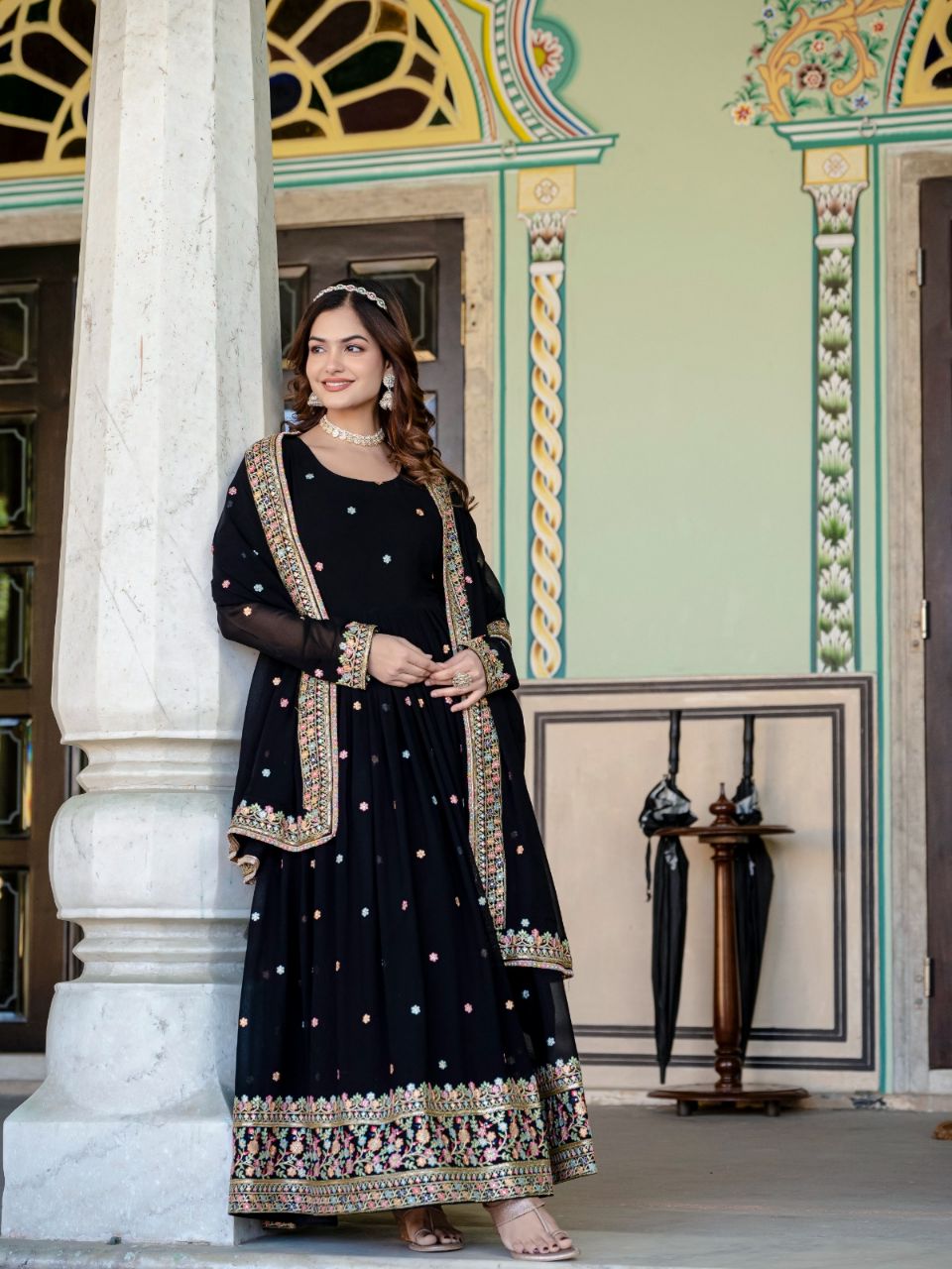 Prazu Fashion Black Faux Georgette Embroidered Gown With Dupatta | Grocsy
