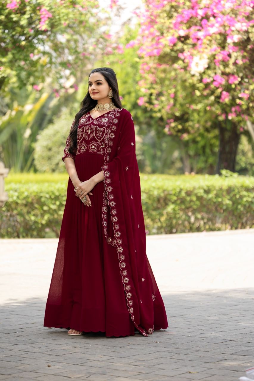 Prazu Fashion Maroon Vichitra Silk Embroidered Gown With Dupatta | Grocsy