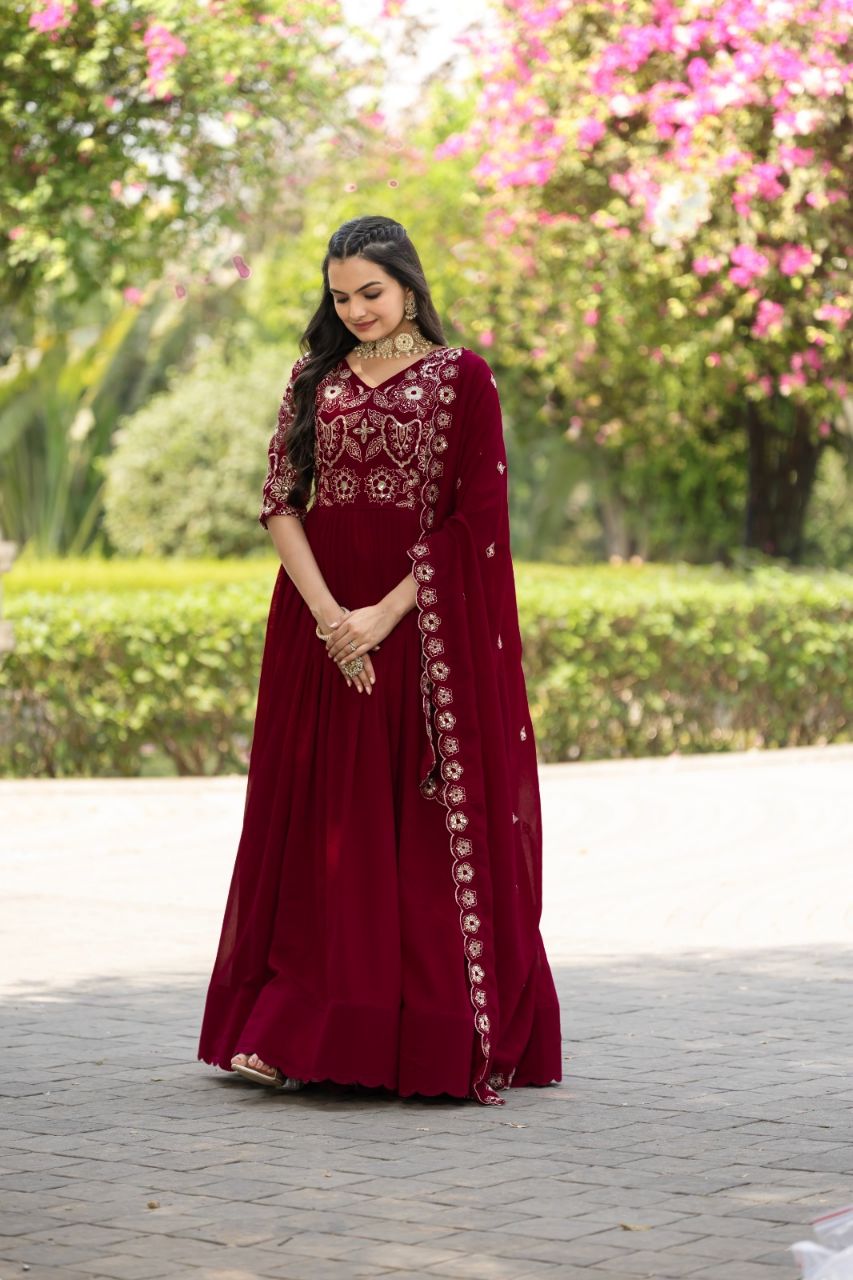 Prazu Fashion Maroon Vichitra Silk Embroidered Gown With Dupatta | Grocsy