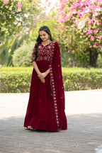 Prazu Fashion Maroon Vichitra Silk Embroidered Gown With Dupatta | Grocsy