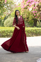 Prazu Fashion Maroon Vichitra Silk Embroidered Gown With Dupatta | Grocsy