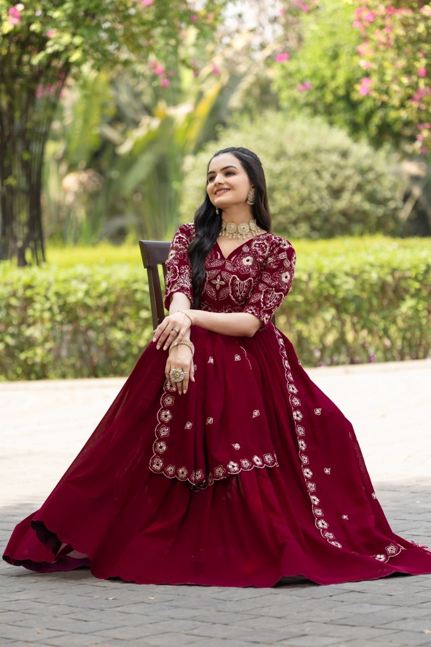 Prazu Fashion Maroon Vichitra Silk Embroidered Gown With Dupatta | Grocsy