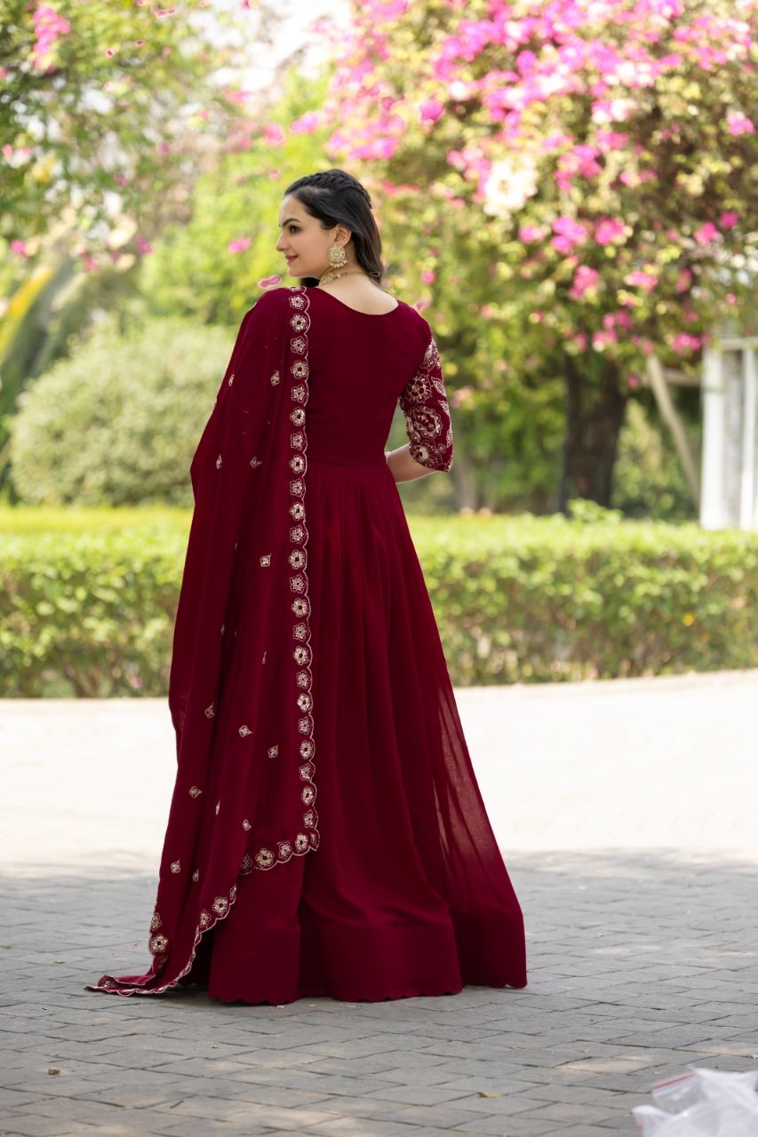 Prazu Fashion Maroon Vichitra Silk Embroidered Gown With Dupatta | Grocsy