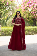 Prazu Fashion Maroon Vichitra Silk Embroidered Gown With Dupatta | Grocsy