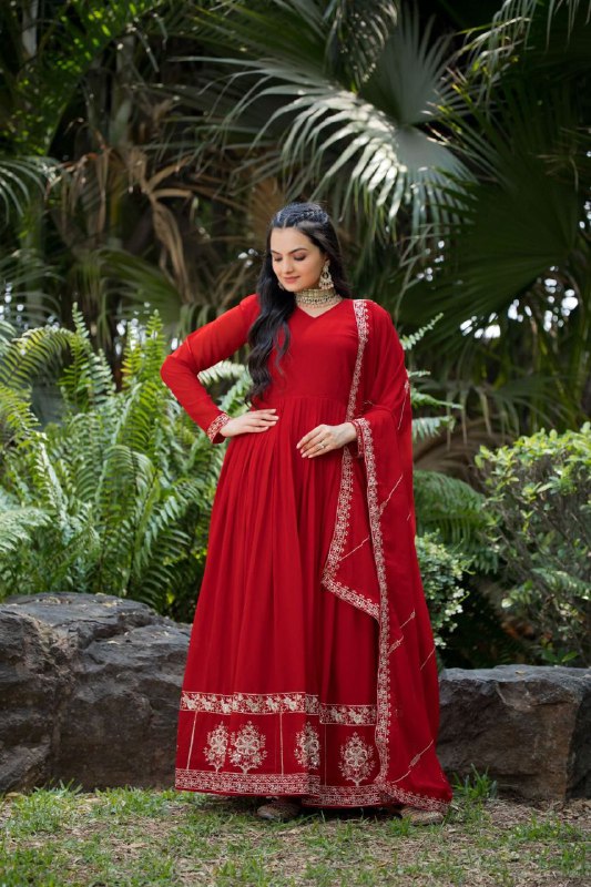 Prazu Fashion Red Faux Georgette Embroidered Gown With Dupatta | Grocsy