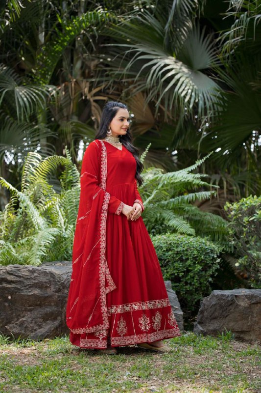 Prazu Fashion Red Faux Georgette Embroidered Gown With Dupatta | Grocsy