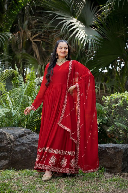 Prazu Fashion Red Faux Georgette Embroidered Gown With Dupatta | Grocsy