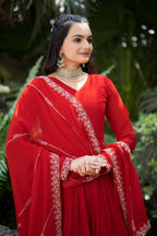 Prazu Fashion Red Faux Georgette Embroidered Gown With Dupatta | Grocsy