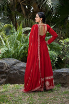 Prazu Fashion Red Faux Georgette Embroidered Gown With Dupatta | Grocsy