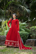 Prazu Fashion Red Faux Georgette Embroidered Gown With Dupatta | Grocsy