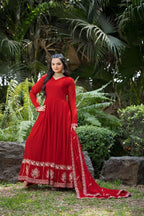 Prazu Fashion Red Faux Georgette Embroidered Gown With Dupatta | Grocsy