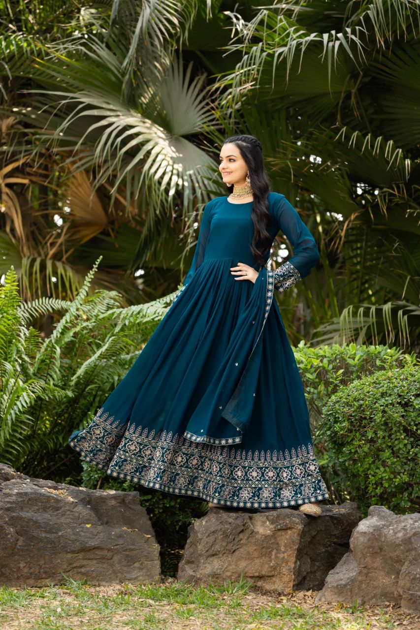 Prazu Fashion Rama Blue Faux Georgette Embroidered Gown With Dupatta | Grocsy