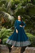 Prazu Fashion Rama Blue Faux Georgette Embroidered Gown With Dupatta | Grocsy