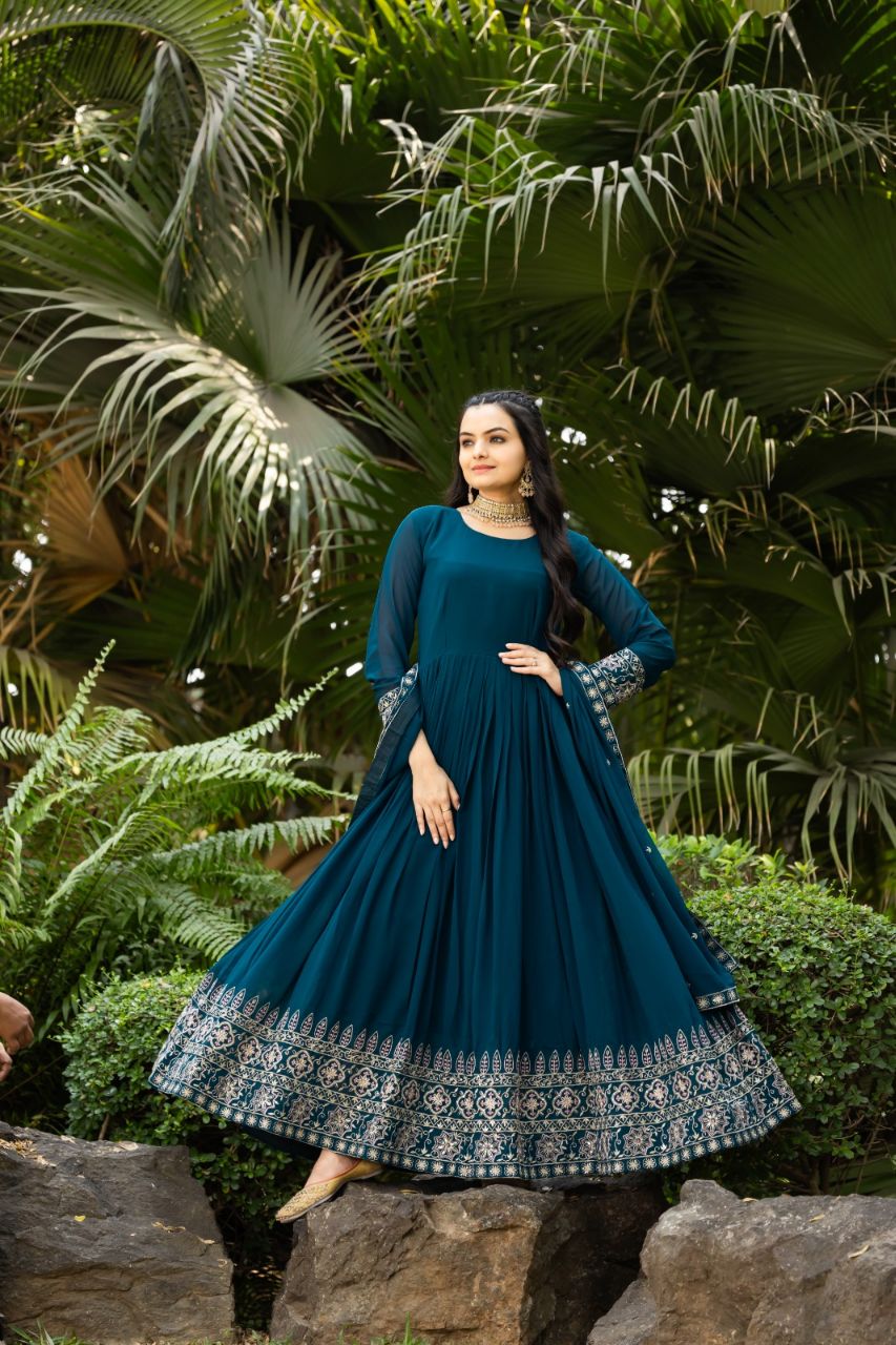 Prazu Fashion Rama Blue Faux Georgette Embroidered Gown With Dupatta | Grocsy