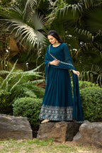 Prazu Fashion Rama Blue Faux Georgette Embroidered Gown With Dupatta | Grocsy