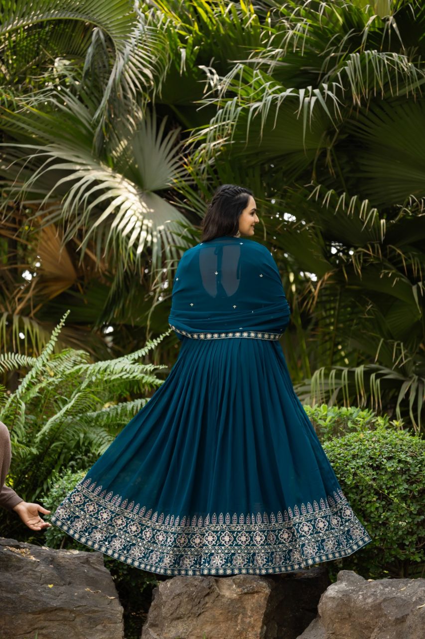 Prazu Fashion Rama Blue Faux Georgette Embroidered Gown With Dupatta | Grocsy
