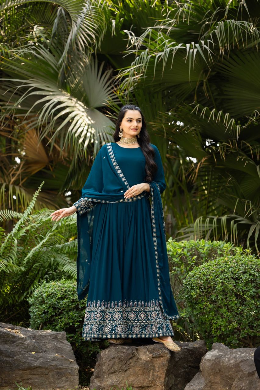 Prazu Fashion Rama Blue Faux Georgette Embroidered Gown With Dupatta | Grocsy