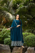 Prazu Fashion Rama Blue Faux Georgette Embroidered Gown With Dupatta | Grocsy