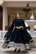 Prazu Fashion Black Faux Georgette Embroidered Gown With Dupatta | Grocsy
