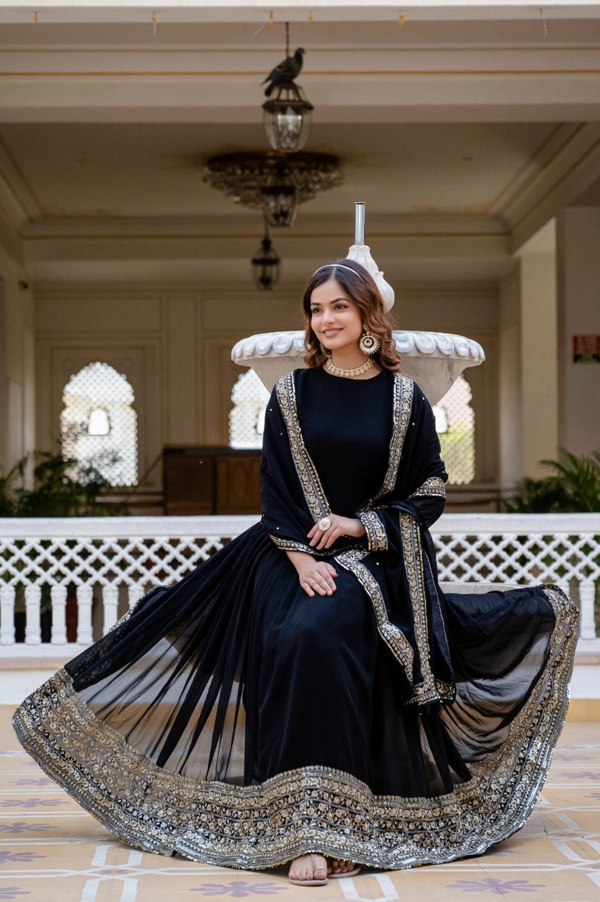Prazu Fashion Black Faux Georgette Embroidered Gown With Dupatta | Grocsy