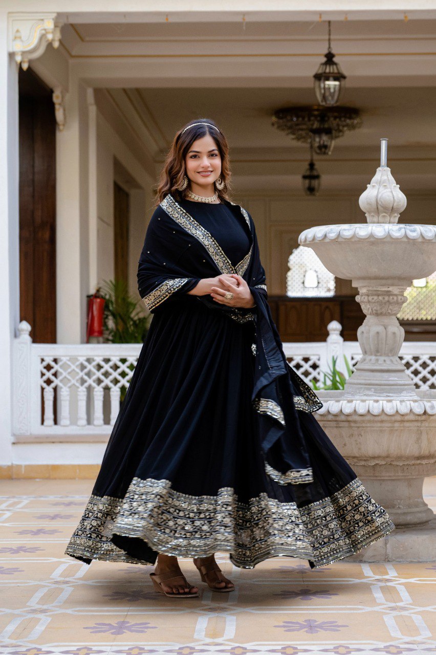 Prazu Fashion Black Faux Georgette Embroidered Gown With Dupatta | Grocsy