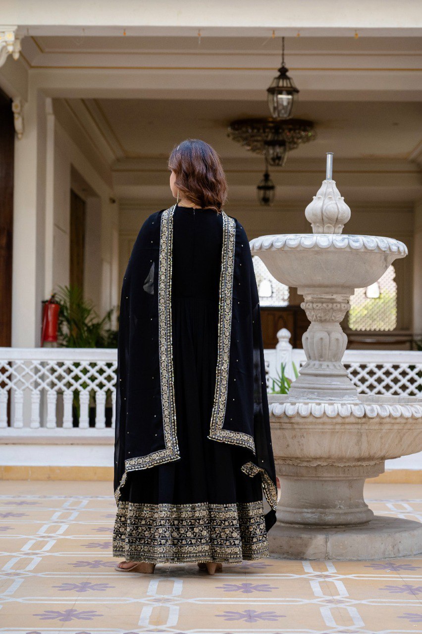 Prazu Fashion Black Faux Georgette Embroidered Gown With Dupatta | Grocsy