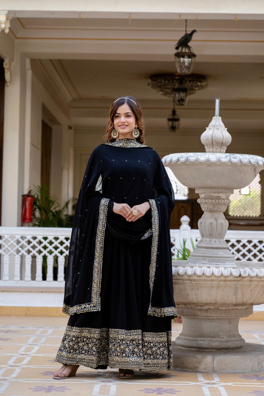 Prazu Fashion Black Faux Georgette Embroidered Gown With Dupatta | Grocsy
