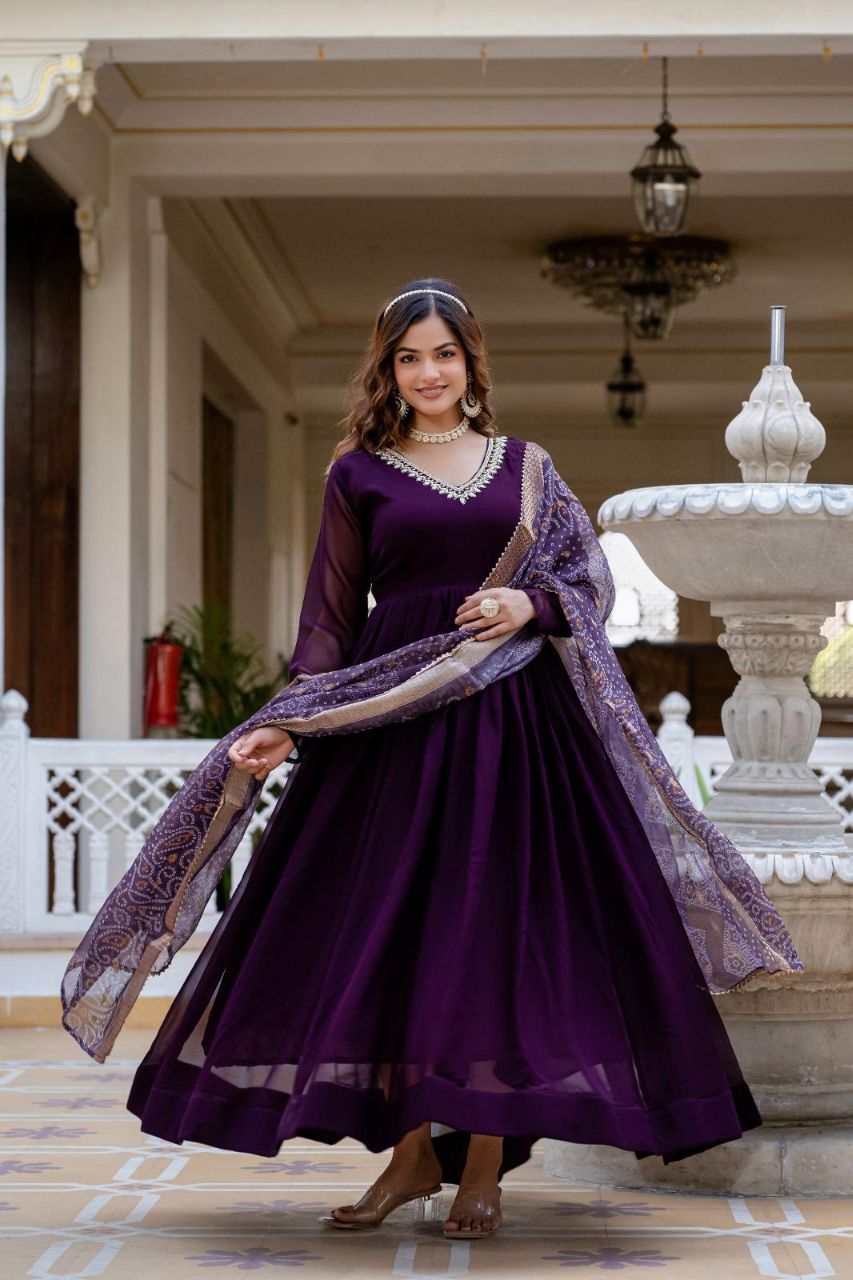 Prazu Fashion Wine Faux Georgette Pearl Handwork Gown With Dupatta | Grocsy