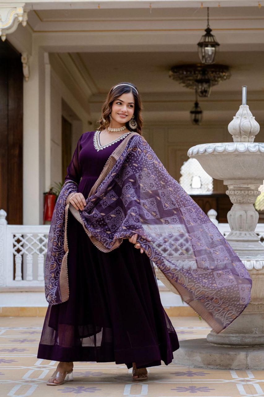 Prazu Fashion Wine Faux Georgette Pearl Handwork Gown With Dupatta | Grocsy