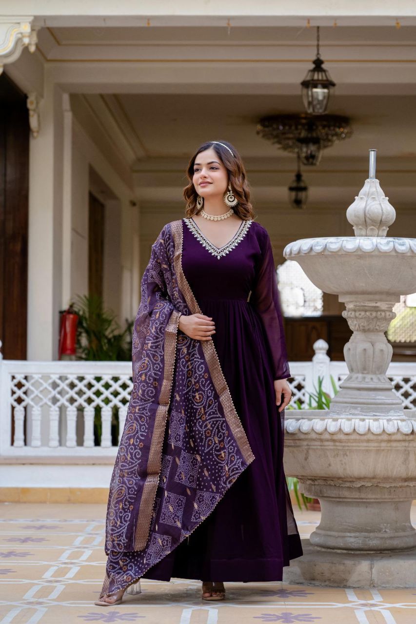 Prazu Fashion Wine Faux Georgette Pearl Handwork Gown With Dupatta | Grocsy