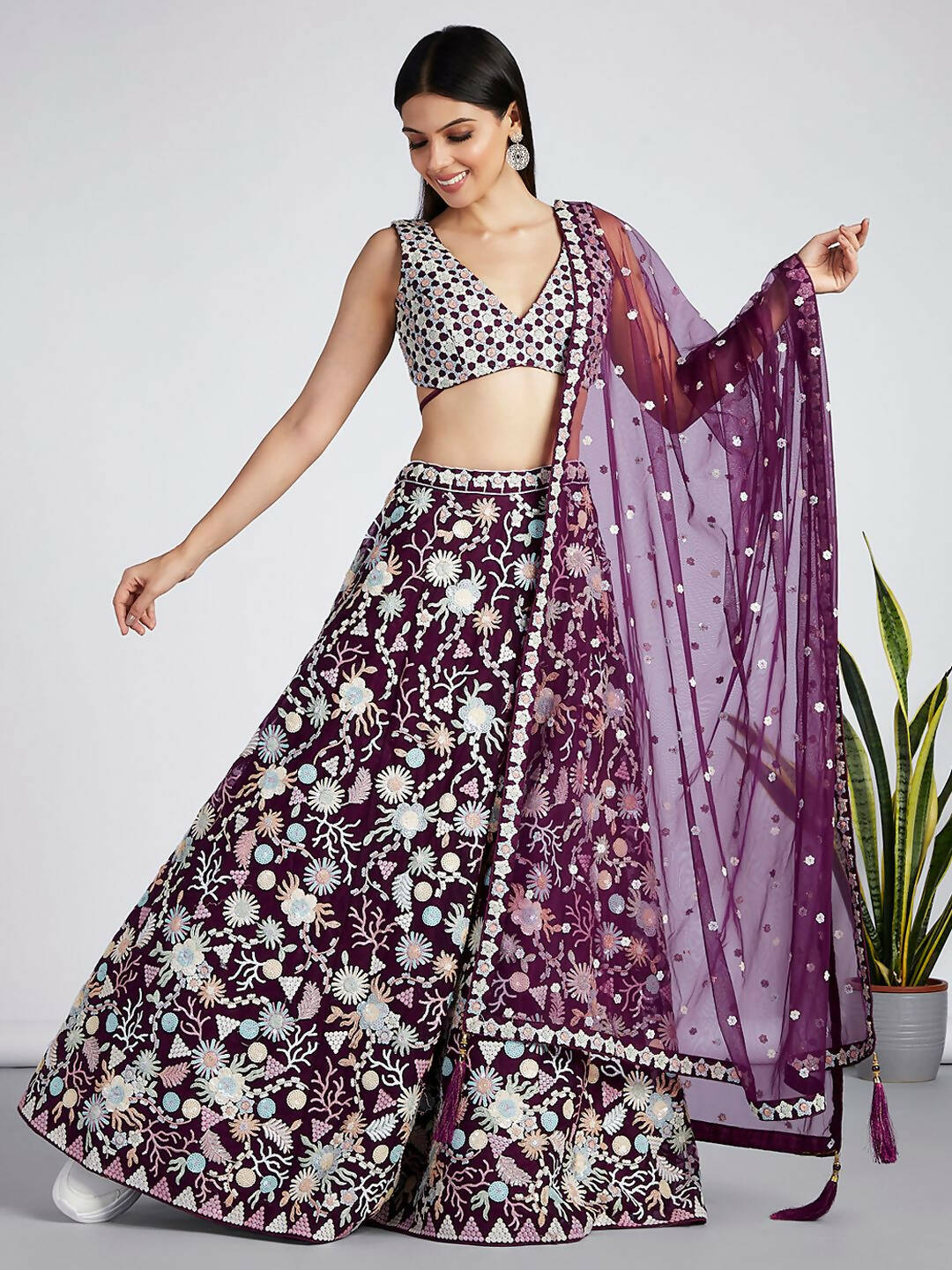 House of Panchhi Burgundy Net heavy Sequinse embroidery Semi-Stitched Lehenga choli & Dupatta | Grocsy