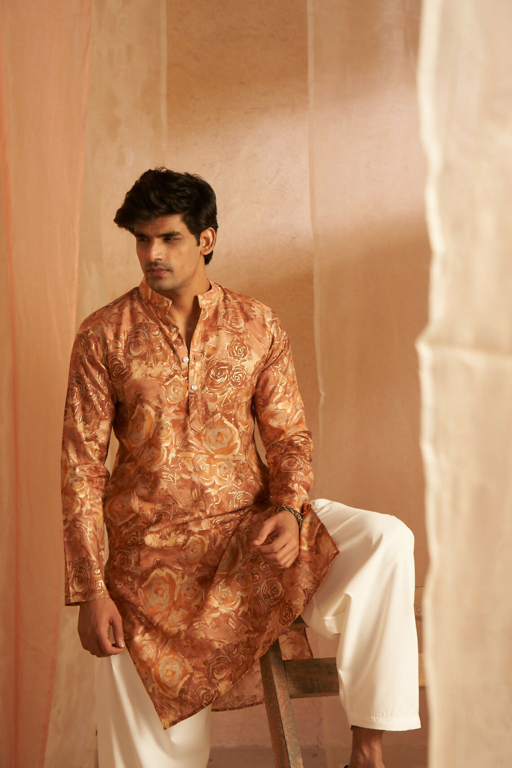 Brown Modal Silk Designer Printed Men's Kurta Set - Mahotsav | Grocsy