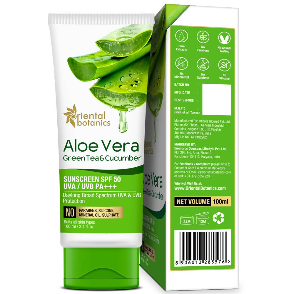 Oriental Botanics Aloe Vera, Green Tea & Cucumber Sunscreen SPF 50 | Grocsy