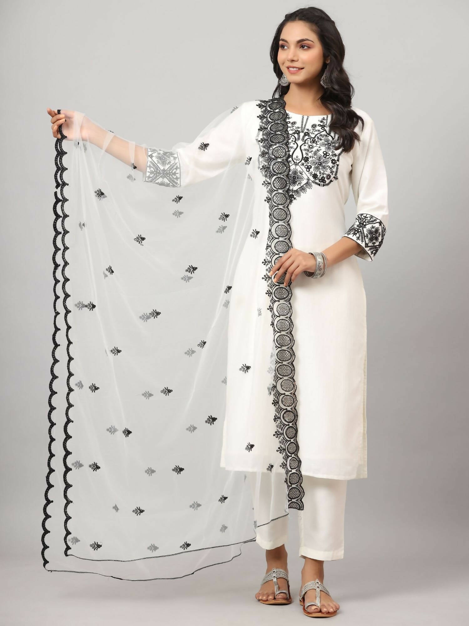 Juniper Women's White Chinnon Solid Embroidered Kurta Set | Grocsy