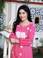 Miravan Women's Jaipuri Moti And Chikan Embroidered & Lace Embellished Pink Bandhani Printed Palazzo Set | Grocsy