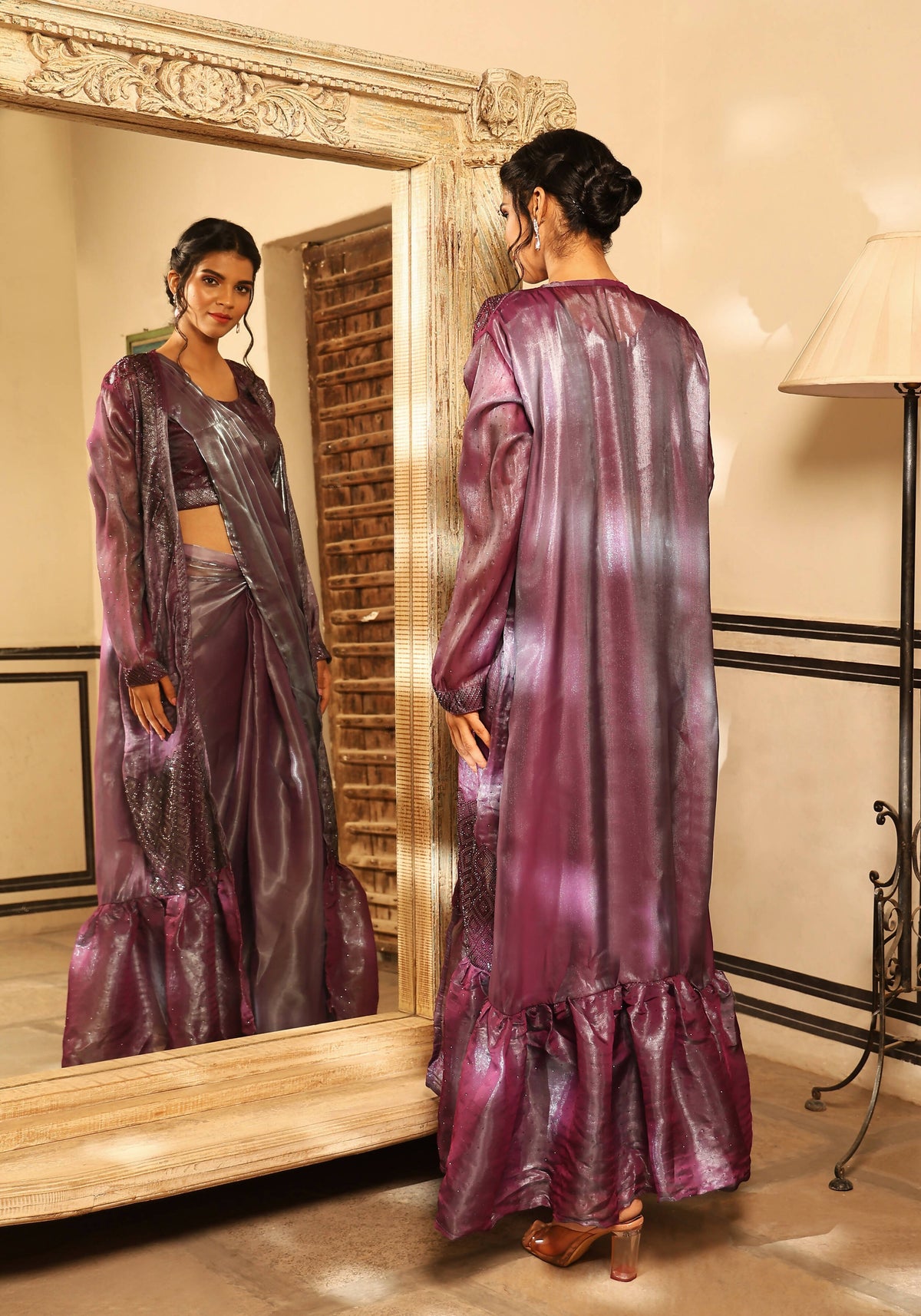 Lavender Tom Silk Plain Ready To Wear Saree With Stitched Blouse - Satiksha | Grocsy