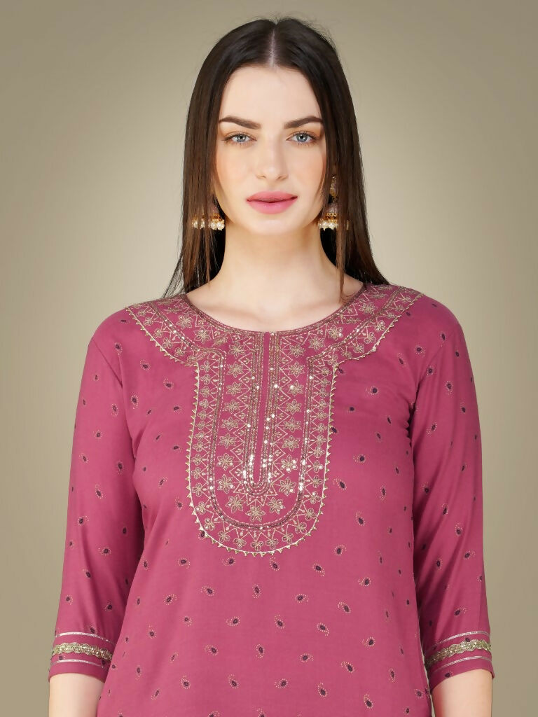 Jyoti Fashion Women's Wine Cotton Magic Slub Embroidery & Sequence work Kurta with Trouser & Dupatta | Grocsy
