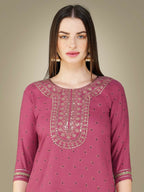 Jyoti Fashion Women's Wine Cotton Magic Slub Embroidery & Sequence work Kurta with Trouser & Dupatta | Grocsy