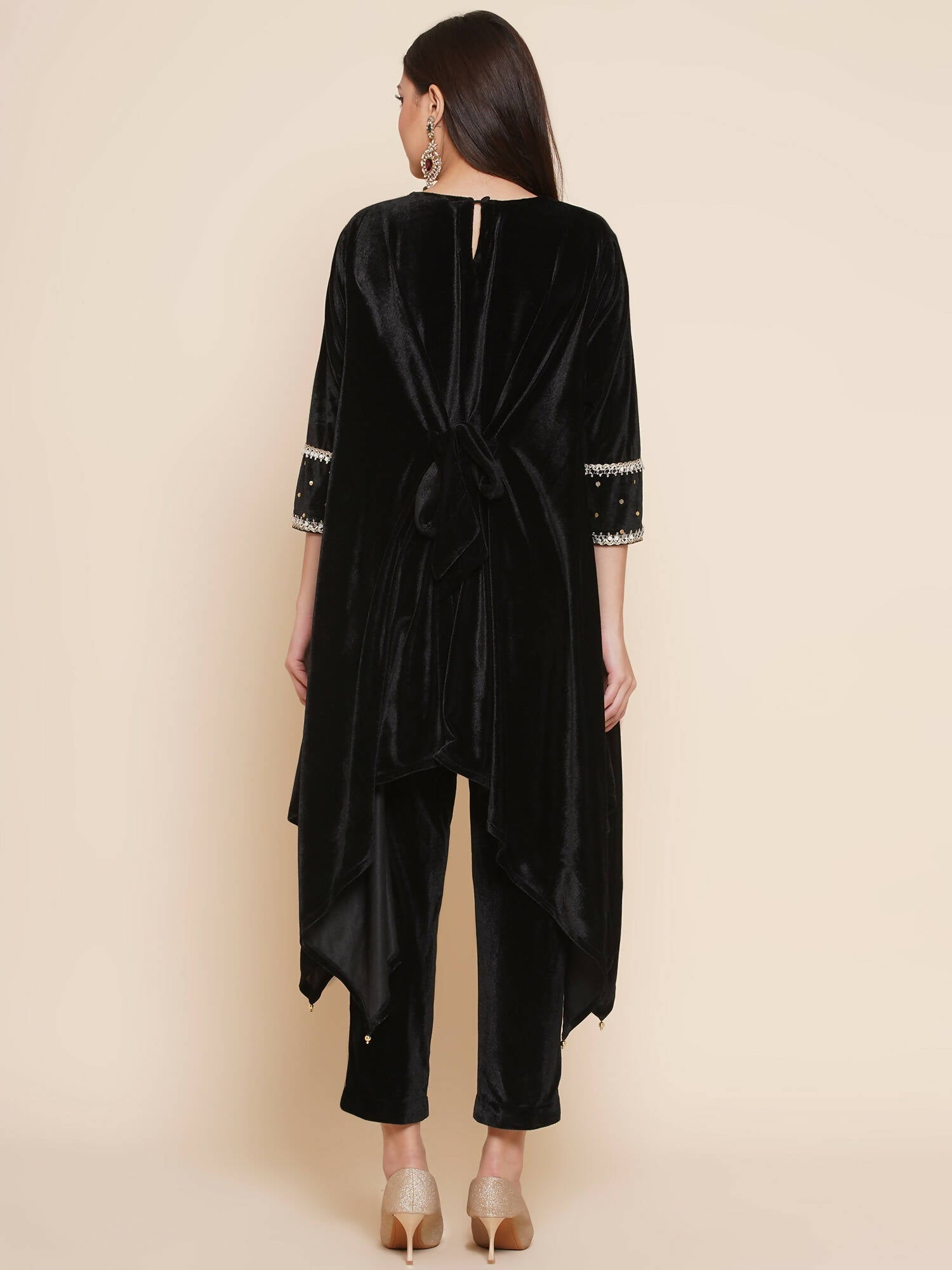 Women Republic Black Velvet Kaftaan Style Kurta With Pants | Grocsy