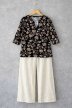 Teeya Creation Womens New Trendy Black Floral Printed Short Kurti with Beige Palazzo Set | Grocsy
