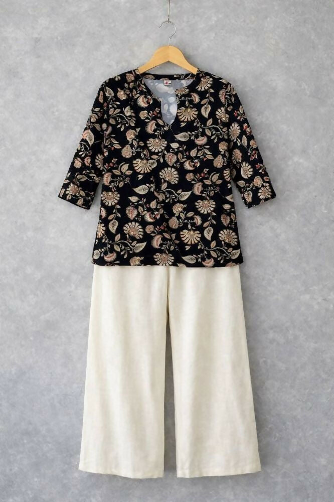 Teeya Creation Womens New Trendy Black Floral Printed Short Kurti with Beige Palazzo Set | Grocsy