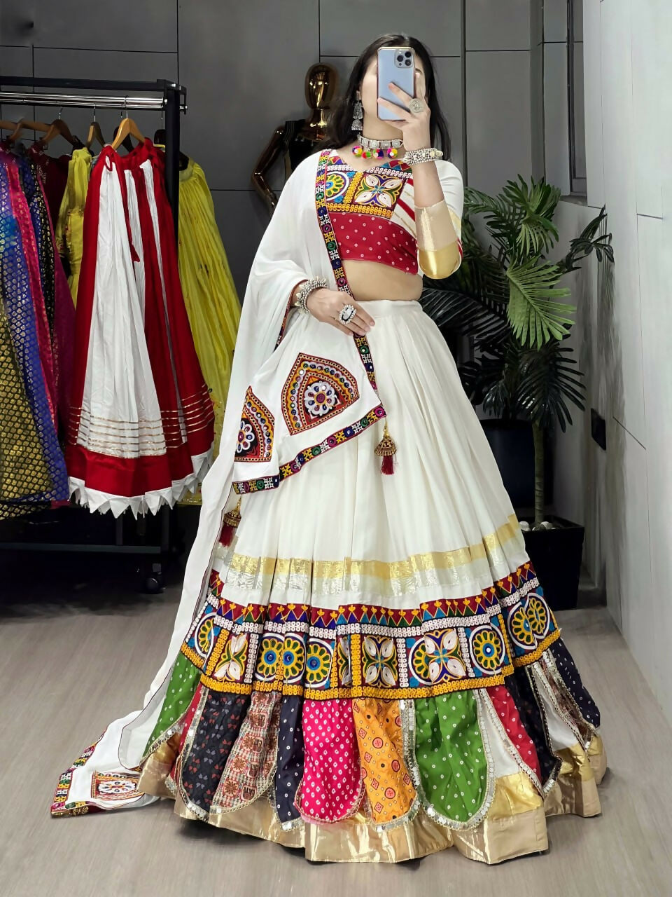 Yash Enterprise Off White Rayon Cotton Embroidery Semi Stitched Navratri Top Chaniya Choli | Grocsy