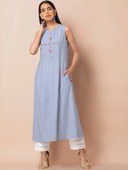 Indya Women Blue Solid A-Line Kurta | Grocsy