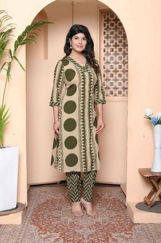 Miravan Womens Straight Polka Dot Printed Green Kurta With Palazzo | Grocsy