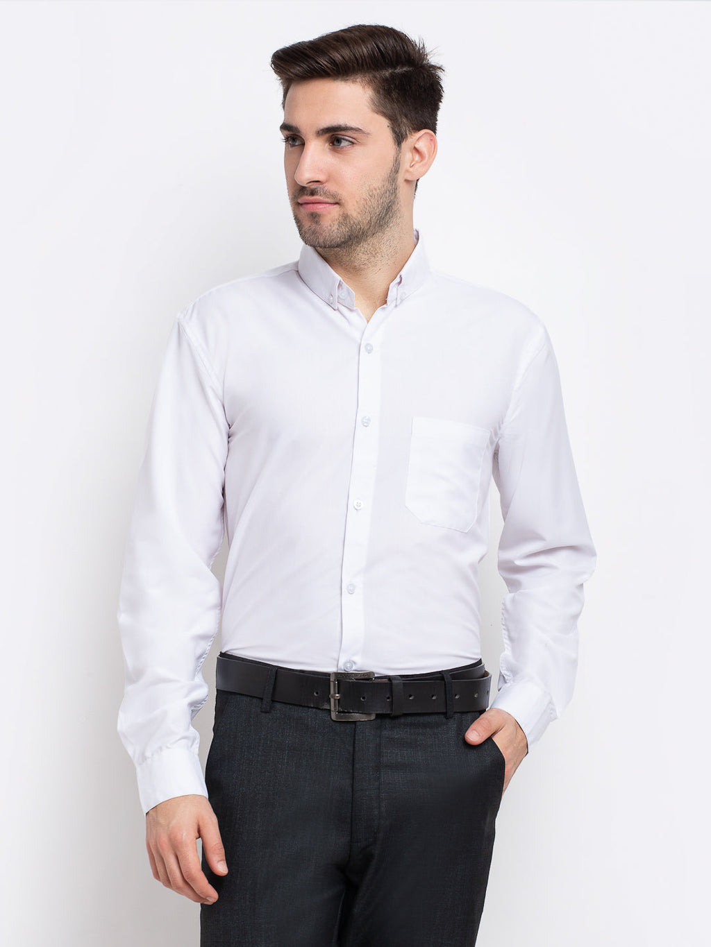Jainish Men's Button Down Collar Cotton Formal Shirt - White | Grocsy